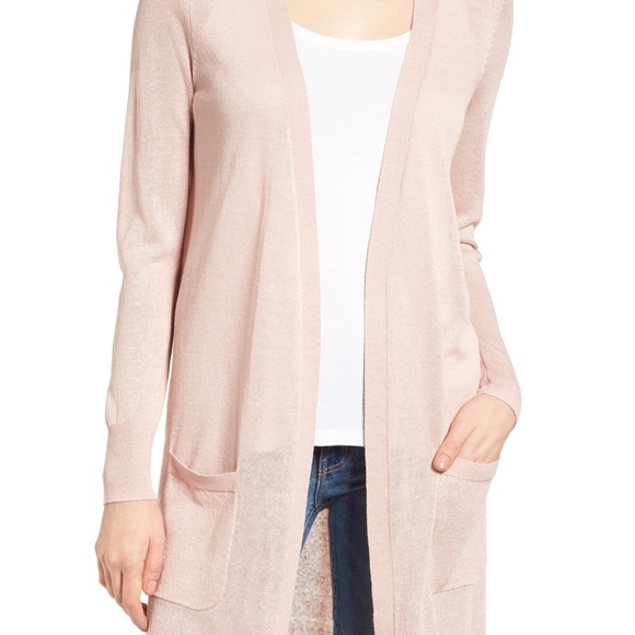 Halogen Long Open Cardigan Linen Blend with Pockets Pink Smoke Size Small - Picture 14 of 15